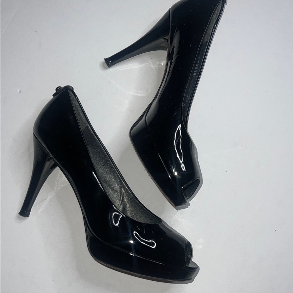 Stuart Weitzman Glossy Black Peep-Toe Heels - Picture 4 of 10